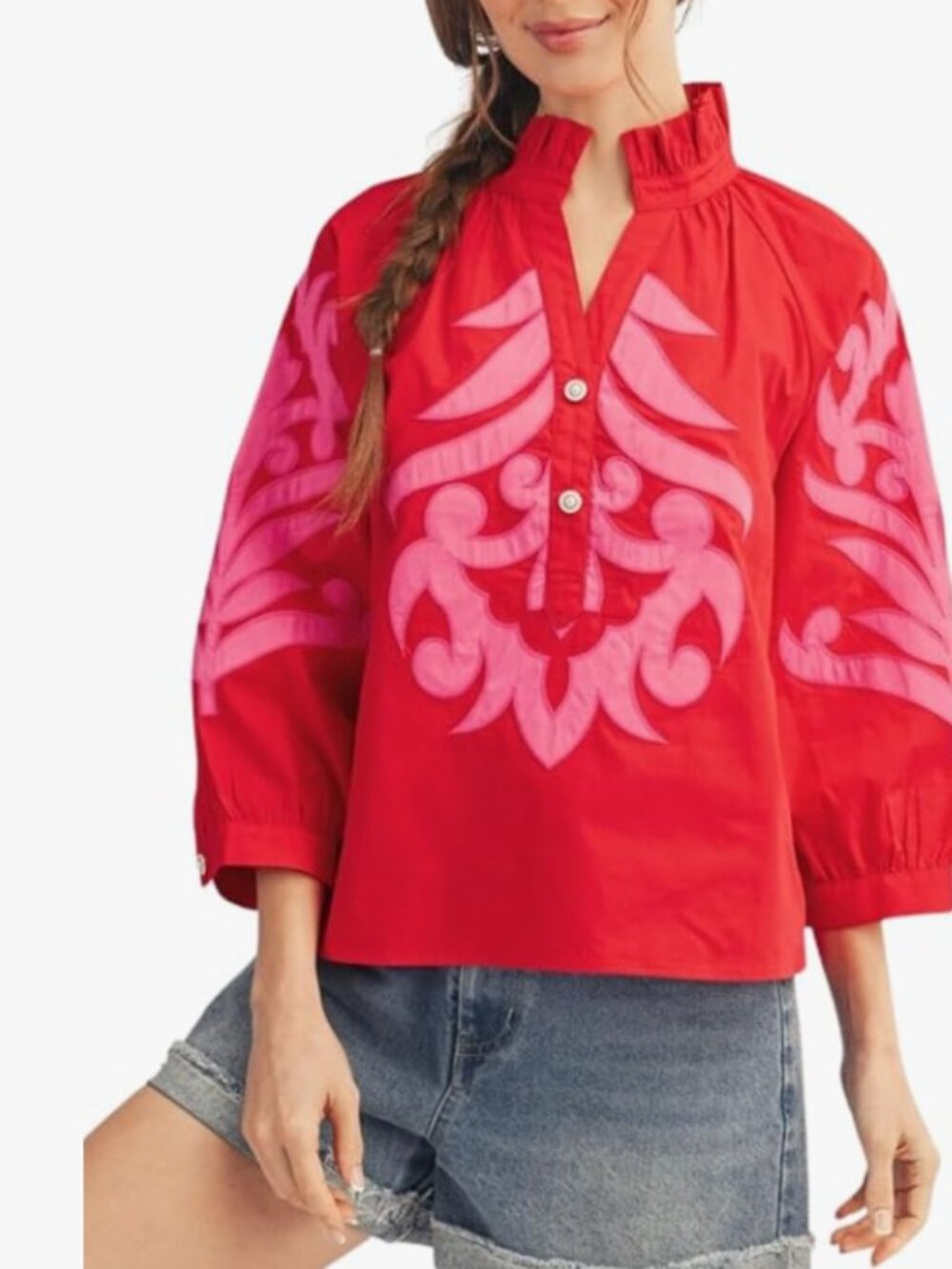 Women’s Baroque Applique Blouses Ruffled V-Neck 3/4 Puff Sleeves Top Floral